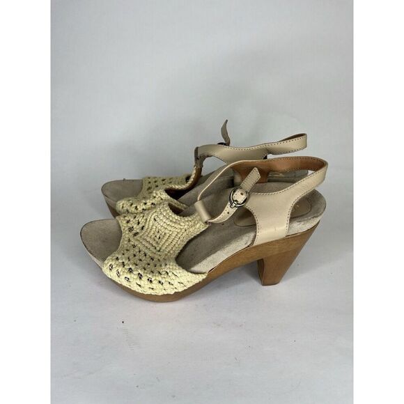 Earthies Beige Knit Leather Peep Ankle Strap Heel Sandals Women’s Sz 8B US/39EU - Picture 3 of 11
